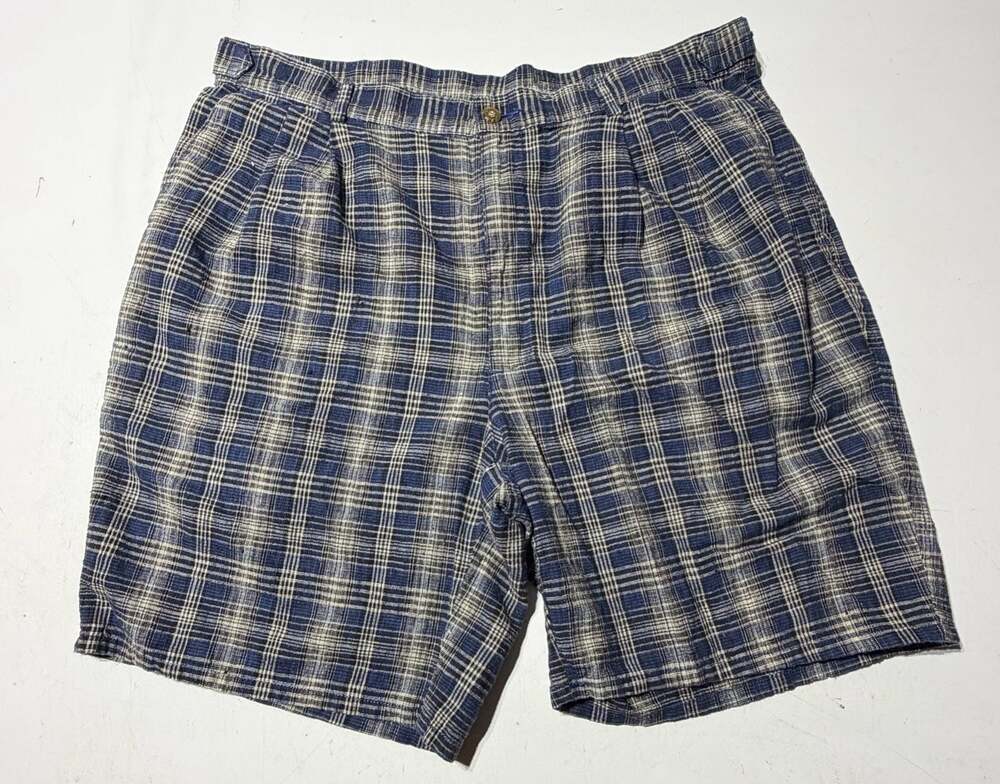 Vintage Jantzen Sport Men's Blue Plaid Linen Blend Pleated Shorts Size 36